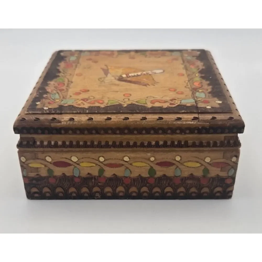 Vintage Wooden Pyrography Cigarette Box Pre-Loved